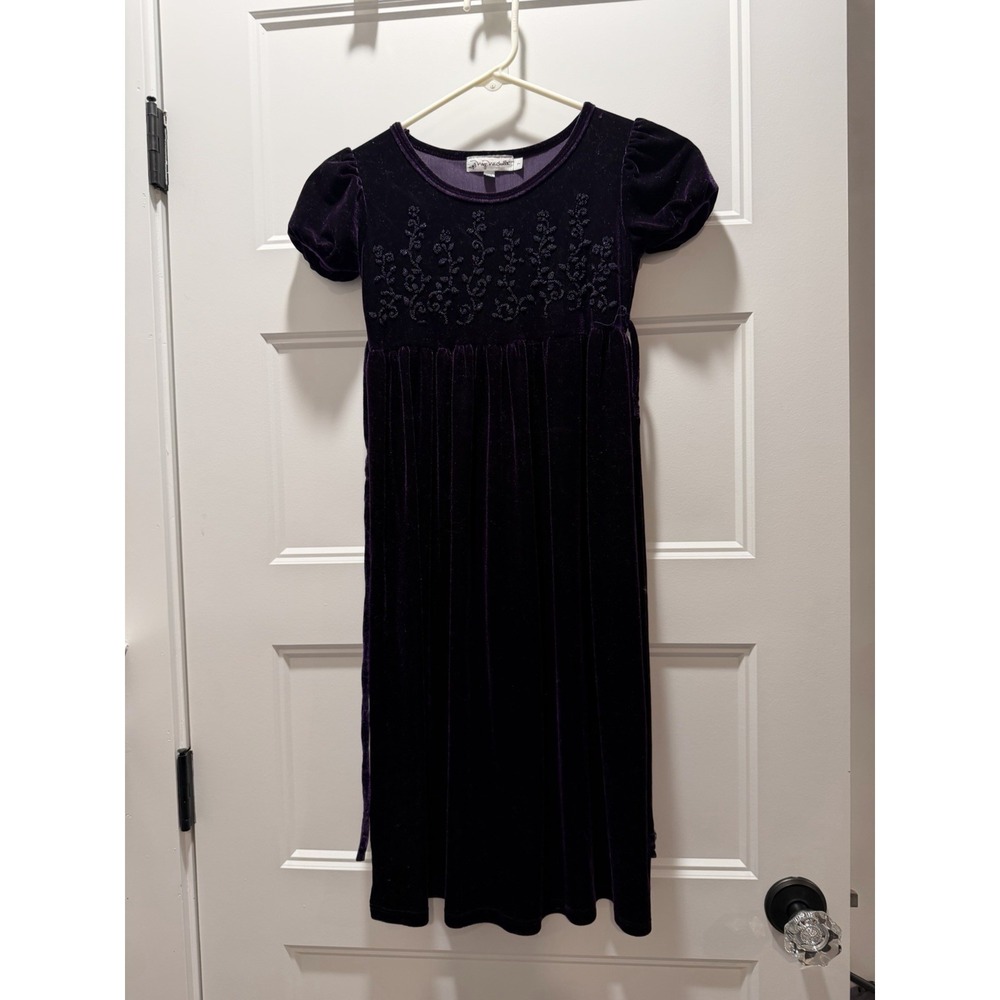 My Michelle Girls 14 Purple Velvet Dress Embroidered‎ Empire Puff Sleeve USA